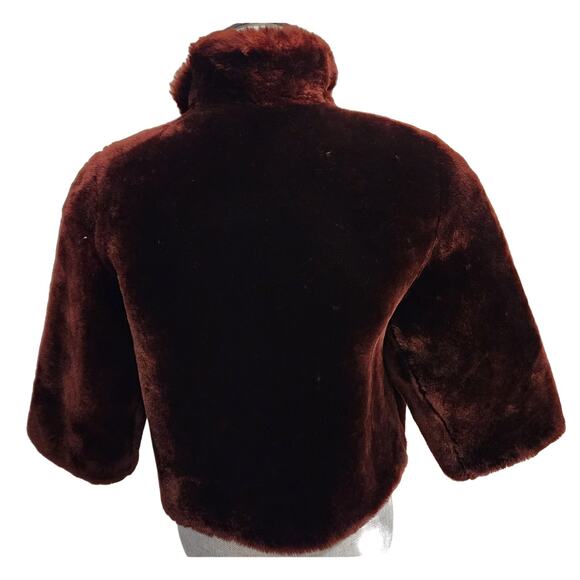 Vintage Faux Beaver Cropped Jacket Burgundy Brown Sz S Mob Wife - Picture 8 of 14
